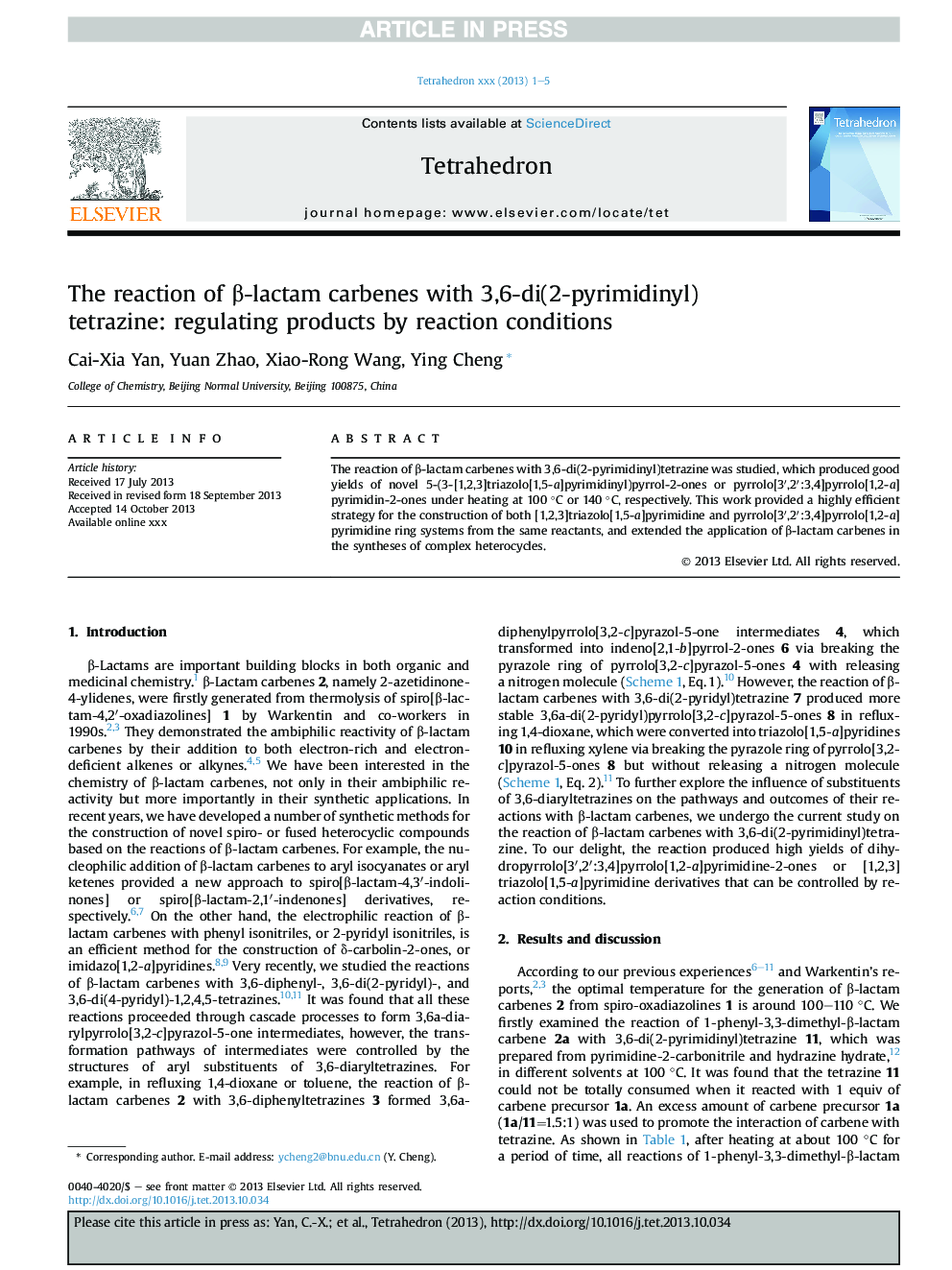 عکس صفحه اول مقاله: The reaction of β-lactam carbenes with 3,6-di(2-pyrimidinyl)tetrazine: regulating products by reaction conditions The reaction of β-lactam carbenes with 3,6-di(2-pyrimidinyl)tetrazine: regulating products by reaction conditions