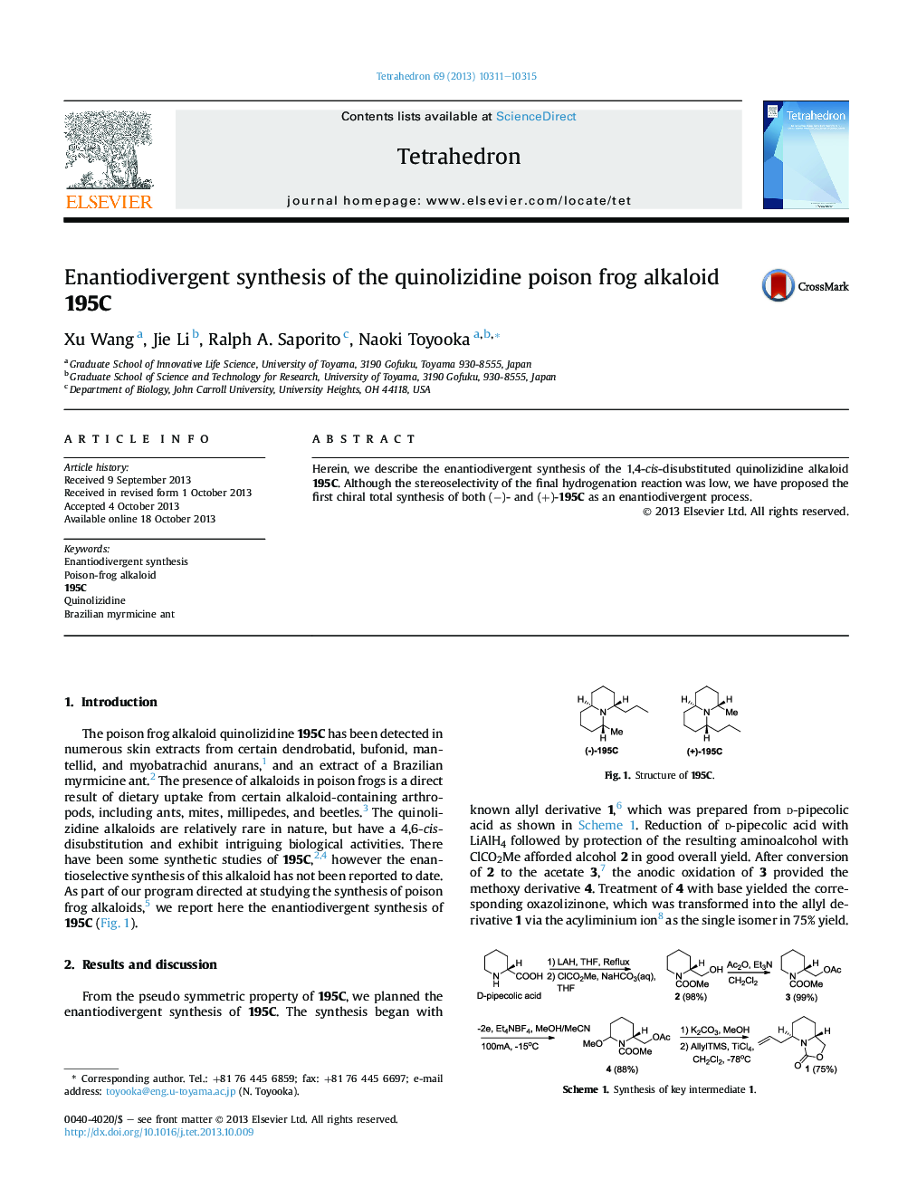 Enantiodivergent synthesis of the quinolizidine poison frog alkaloid 195C