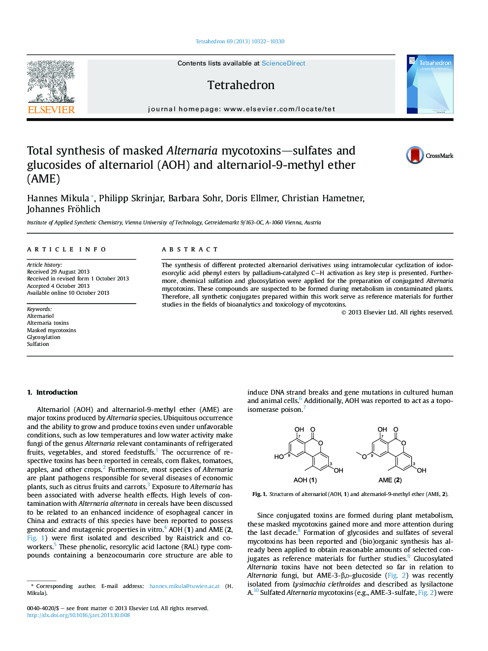 Total synthesis of masked Alternaria mycotoxins-sulfates and glucosides of alternariol (AOH) and alternariol-9-methyl ether (AME)