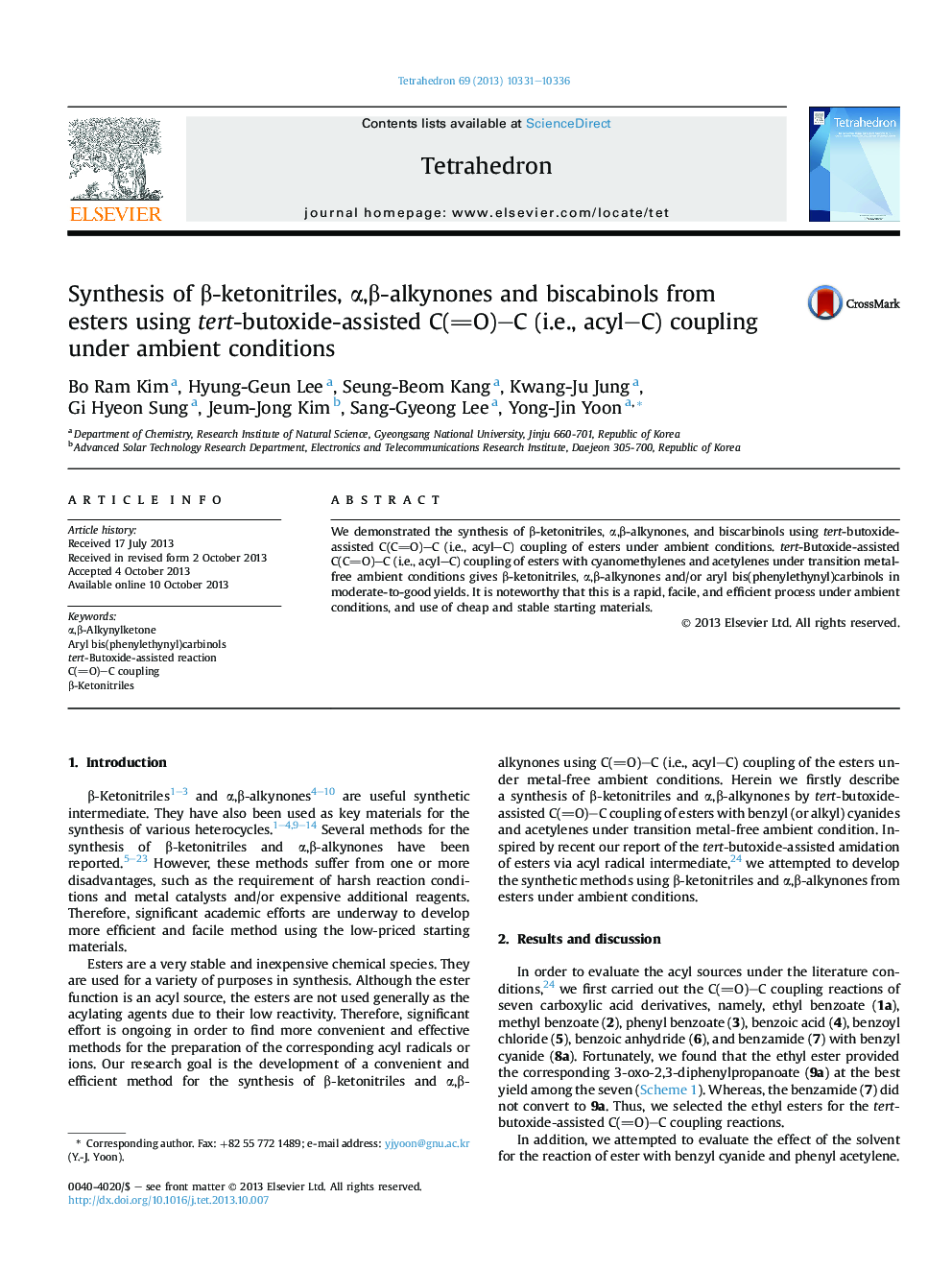 عکس صفحه اول مقاله: Synthesis of β-ketonitriles, α,β-alkynones and biscabinols from esters using tert-butoxide-assisted C(O)–C (i.e., acyl–C) coupling under ambient conditions Synthesis of β-ketonitriles, α,β-alkynones and biscabinols from esters using tert-butoxide-assisted C(O)–C (i.e., acyl–C) coupling under ambient conditions