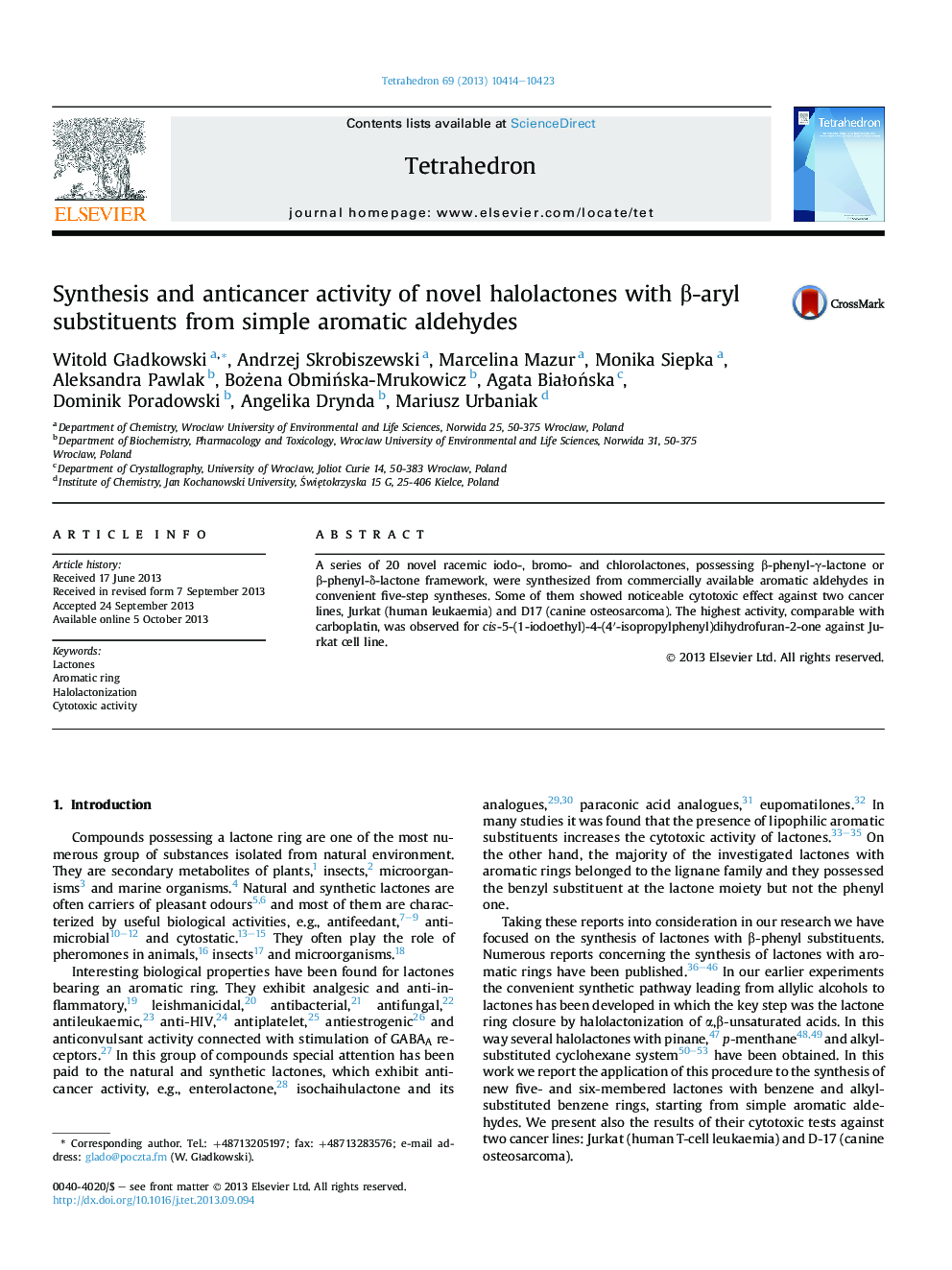 عکس صفحه اول مقاله: Synthesis and anticancer activity of novel halolactones with β-aryl substituents from simple aromatic aldehydes Synthesis and anticancer activity of novel halolactones with β-aryl substituents from simple aromatic aldehydes