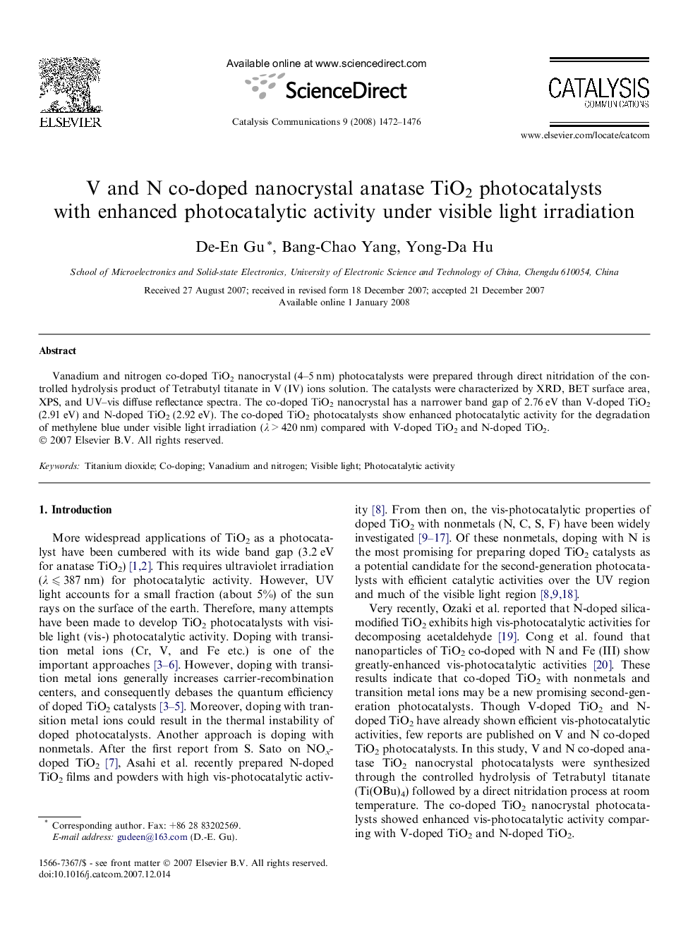 V and N co-doped nanocrystal anatase TiO2 photocatalysts with enhanced photocatalytic activity under visible light irradiation