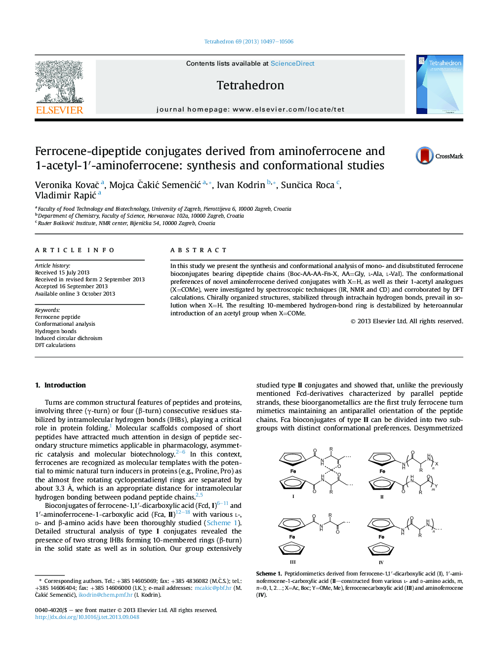 Ferrocene-dipeptide conjugates derived from aminoferrocene and 1-acetyl-1â²-aminoferrocene: synthesis and conformational studies