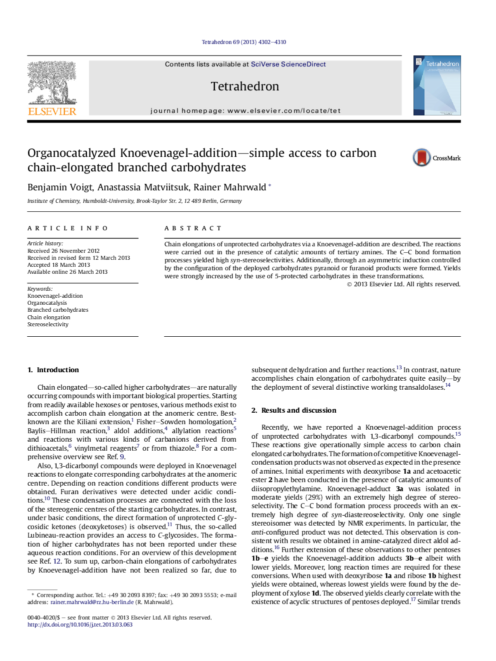 Organocatalyzed Knoevenagel-addition-simple access to carbon chain-elongated branched carbohydrates