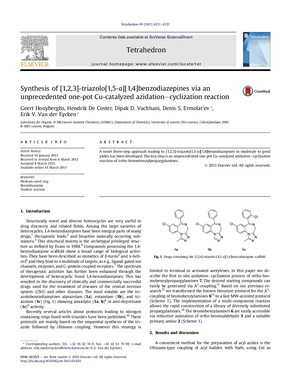 Synthesis of [1,2,3]-triazolo[1,5-a][1,4]benzodiazepines via an unprecedented one-pot Cu-catalyzed azidation-cyclization reaction