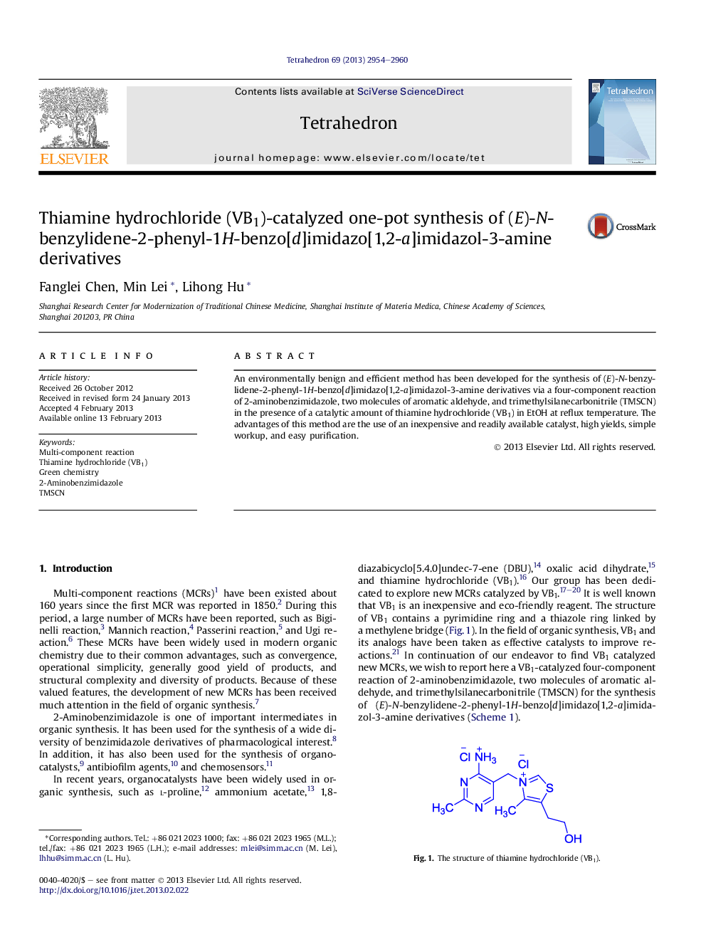 Thiamine hydrochloride (VB1)-catalyzed one-pot synthesis of (E)-N-benzylidene-2-phenyl-1H-benzo[d]imidazo[1,2-a]imidazol-3-amine derivatives