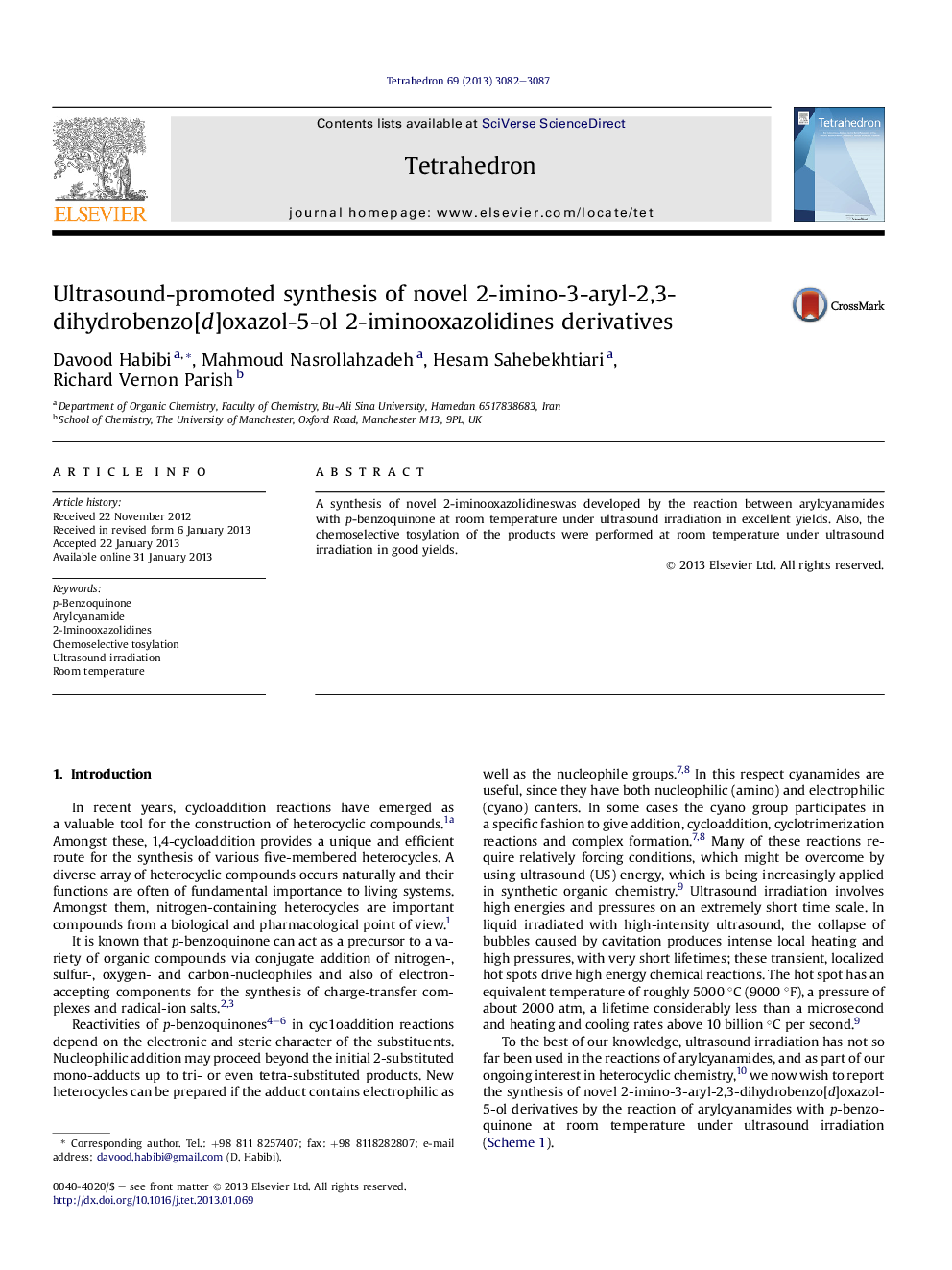 Ultrasound-promoted synthesis of novel 2-imino-3-aryl-2,3-dihydrobenzo[d]oxazol-5-ol 2-iminooxazolidines derivatives