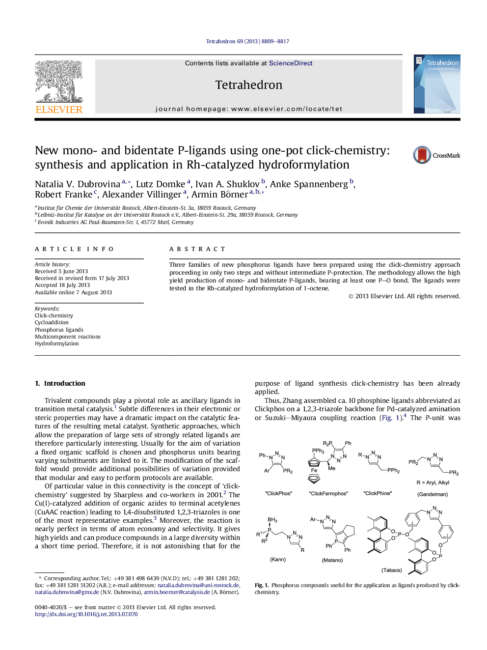 عکس صفحه اول مقاله: New mono- and bidentate P-ligands using one-pot click-chemistry: synthesis and application in Rh-catalyzed hydroformylation New mono- and bidentate P-ligands using one-pot click-chemistry: synthesis and application in Rh-catalyzed hydroformylation