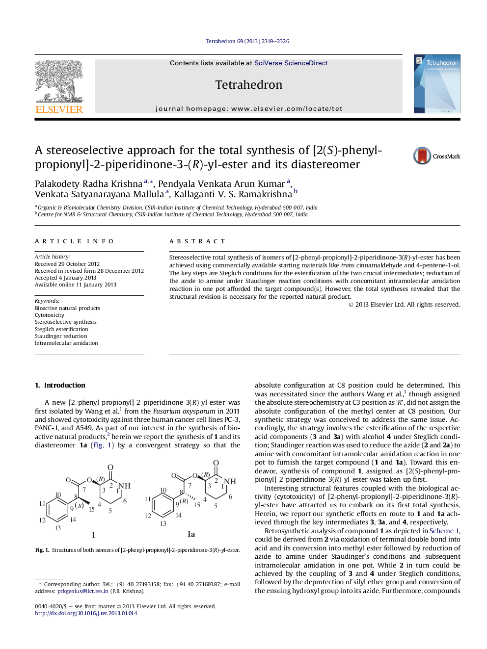 A stereoselective approach for the total synthesis of [2(S)-phenyl-propionyl]-2-piperidinone-3-(R)-yl-ester and its diastereomer