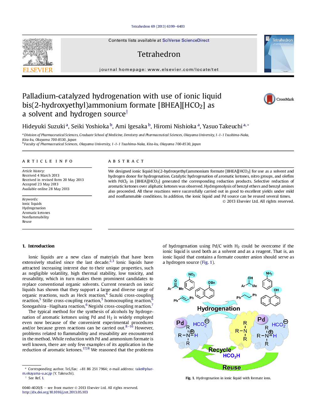 Palladium-catalyzed hydrogenation with use of ionic liquid bis(2-hydroxyethyl)ammonium formate [BHEA][HCO2] as a solventÂ and hydrogen sourceâ 