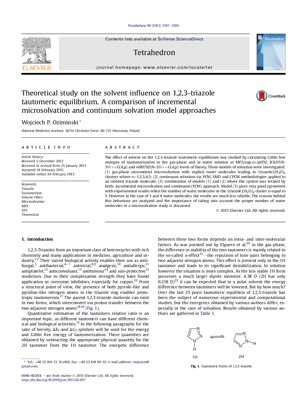 Theoretical study on the solvent influence on 1,2,3-triazole tautomeric equilibrium. A comparison of incremental microsolvation and continuum solvation model approaches