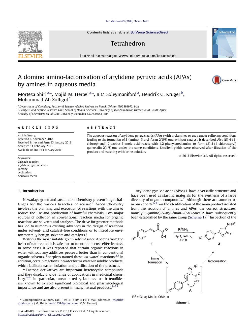 A domino amino-lactonisation of arylidene pyruvic acids (APAs) byÂ amines in aqueous media