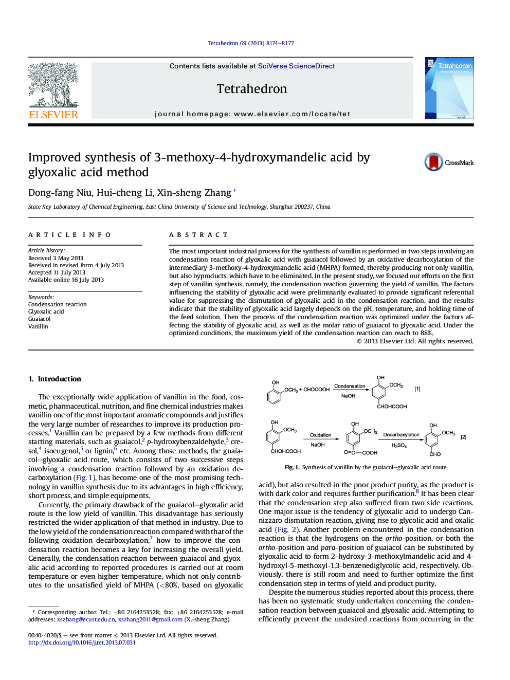 Improved synthesis of 3-methoxy-4-hydroxymandelic acid by glyoxalic acid method
