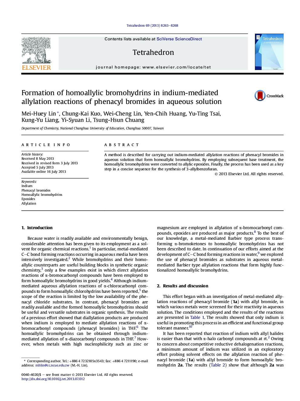 Formation of homoallylic bromohydrins in indium-mediated allylation reactions of phenacyl bromides in aqueous solution