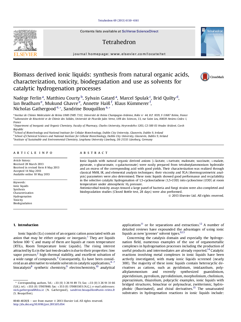 Biomass derived ionic liquids: synthesis from natural organic acids, characterization, toxicity, biodegradation and use as solvents for catalytic hydrogenation processes