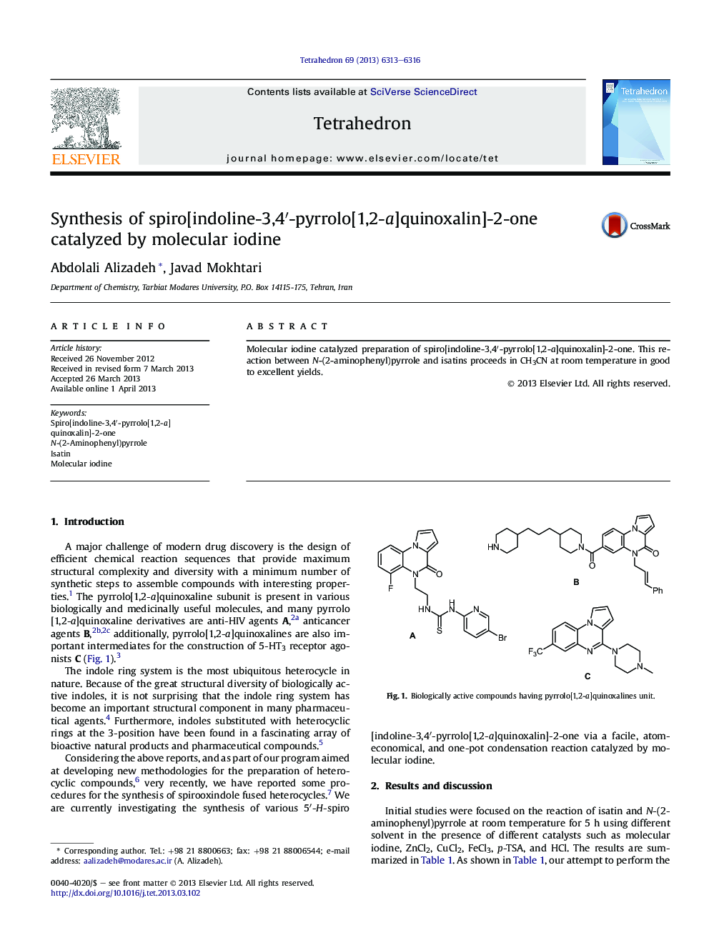 Synthesis of spiro[indoline-3,4â²-pyrrolo[1,2-a]quinoxalin]-2-one catalyzed by molecular iodine