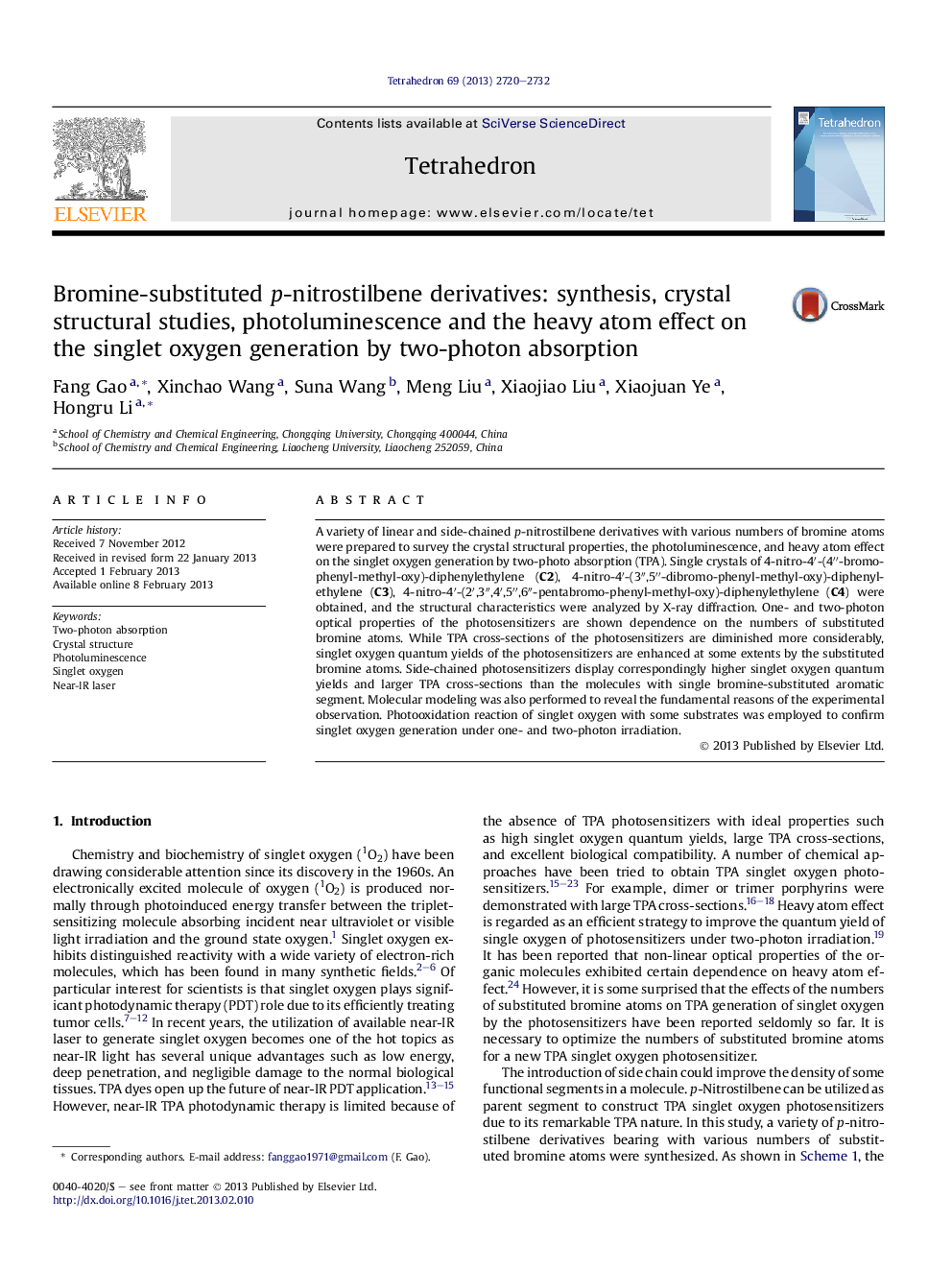 Bromine-substituted p-nitrostilbene derivatives: synthesis, crystal structural studies, photoluminescence and the heavy atom effect on the singlet oxygen generation by two-photon absorption