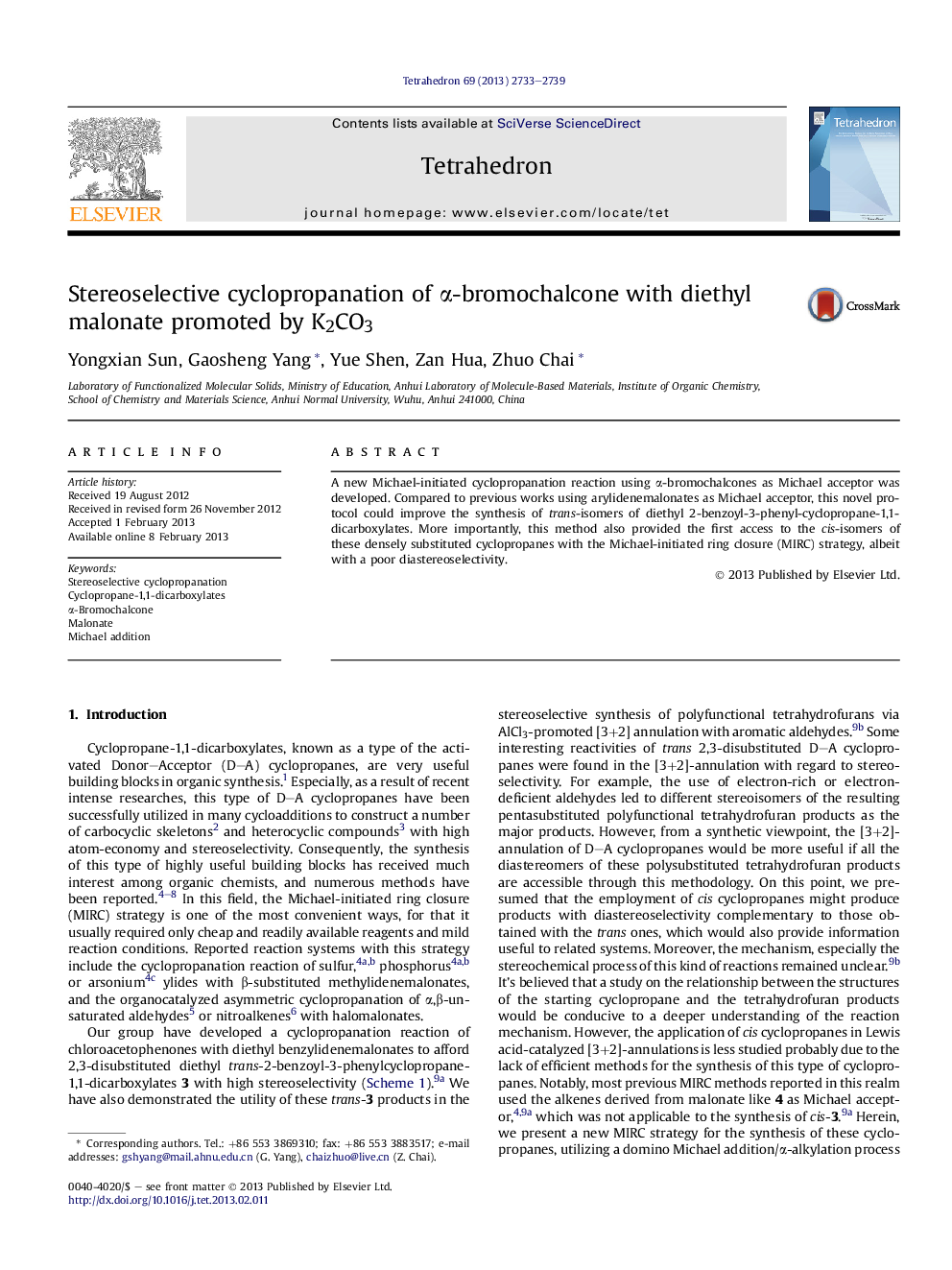 Stereoselective cyclopropanation of α-bromochalcone with diethyl malonate promoted by K2CO3