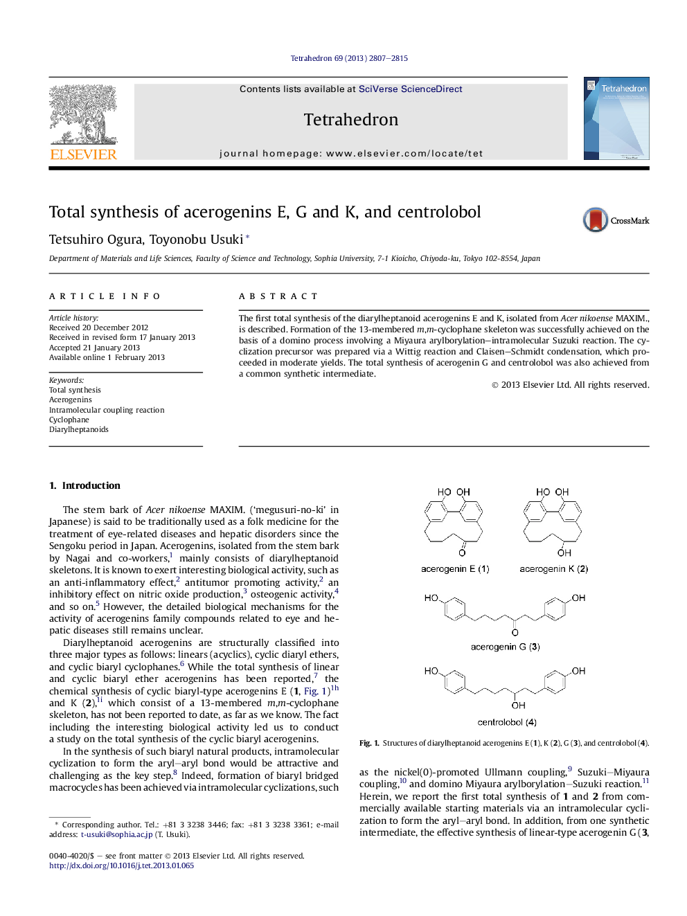 Total synthesis of acerogenins E, G and K, and centrolobol