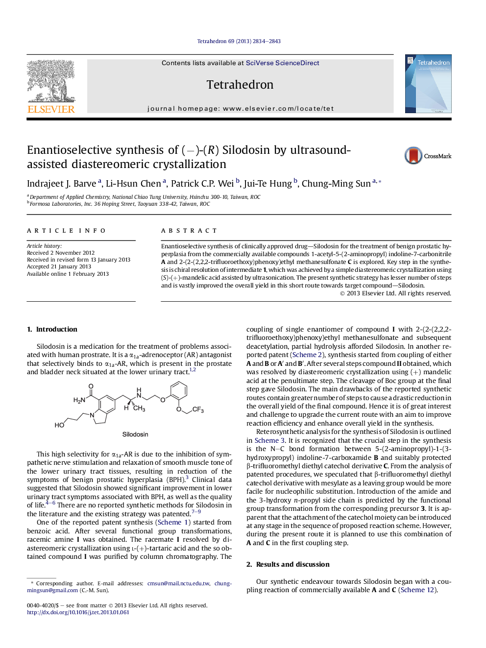 Enantioselective synthesis of (â)-(R) Silodosin by ultrasound-assisted diastereomeric crystallization