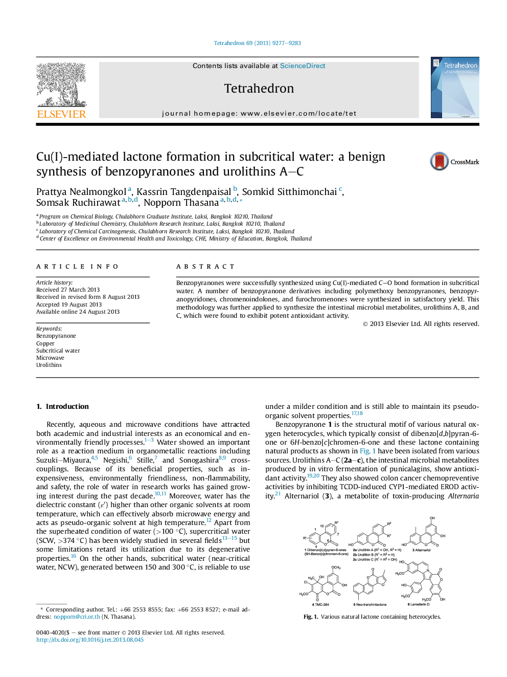 Cu(I)-mediated lactone formation in subcritical water: a benign synthesis of benzopyranones and urolithins A-C