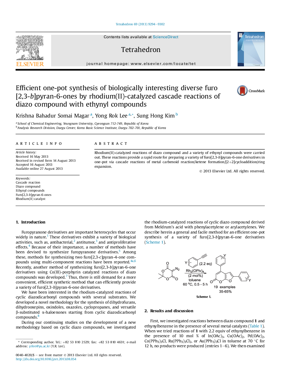 Efficient one-pot synthesis of biologically interesting diverse furo[2,3-b]pyran-6-ones by rhodium(II)-catalyzed cascade reactions of diazo compound with ethynyl compounds