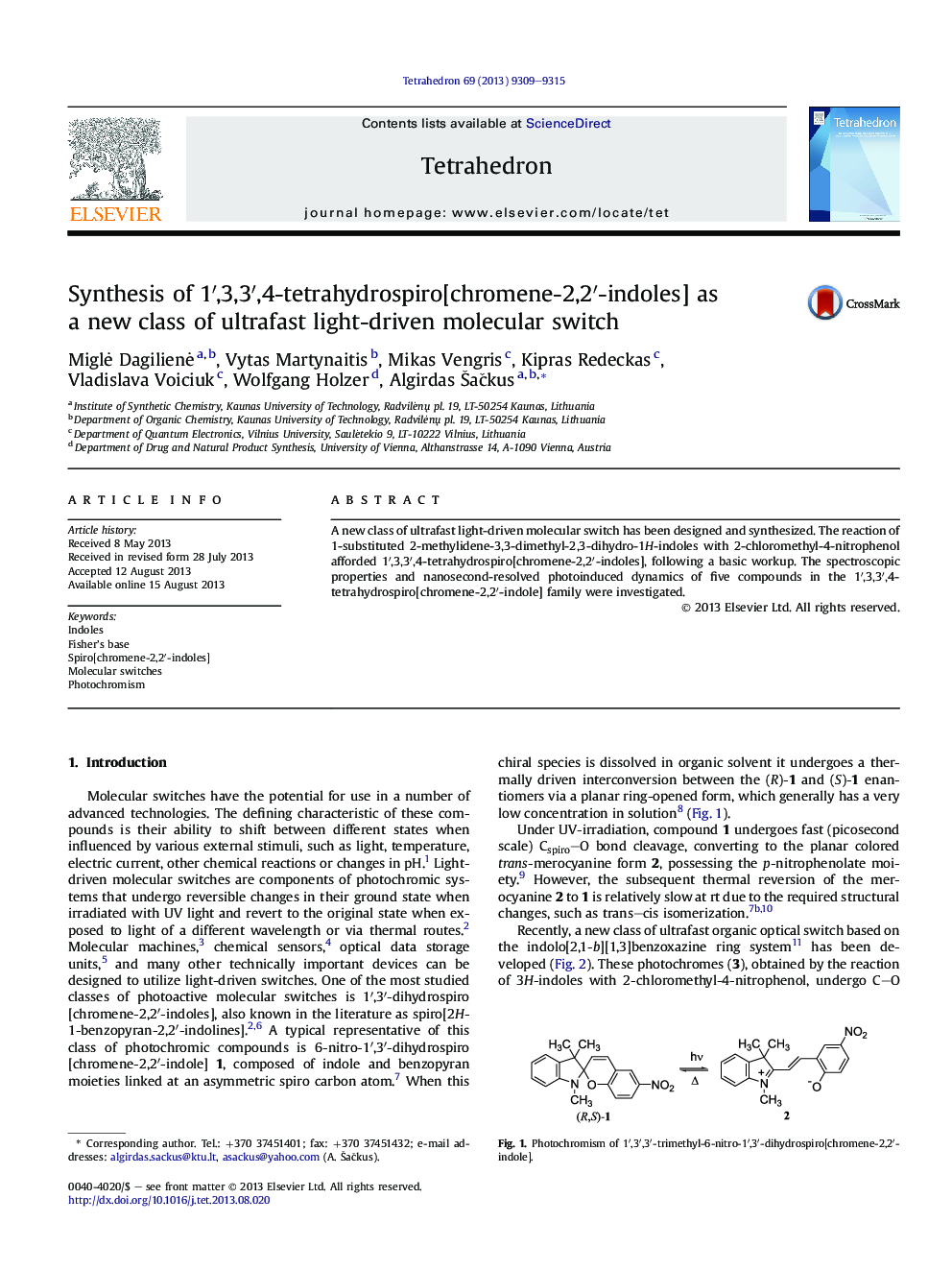 Synthesis of 1′,3,3′,4-tetrahydrospiro[chromene-2,2′-indoles] as a new class of ultrafast light-driven molecular switch