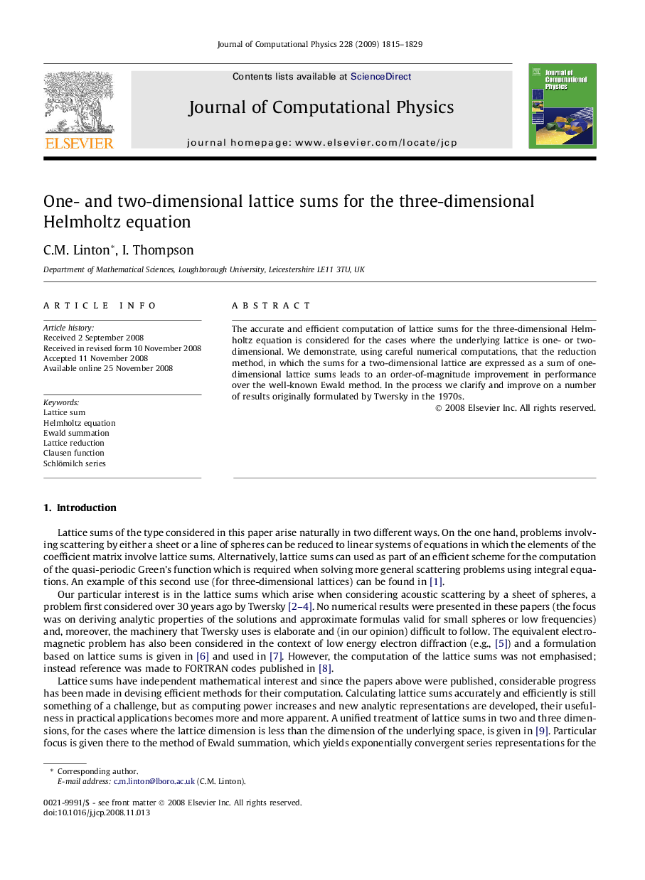 One- and two-dimensional lattice sums for the three-dimensional Helmholtz equation