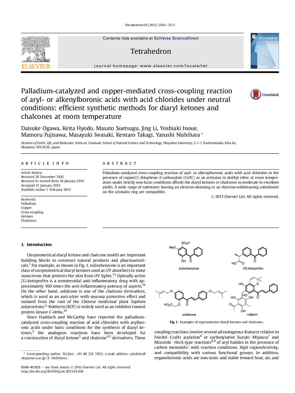 Palladium-catalyzed and copper-mediated cross-coupling reaction of aryl- or alkenylboronic acids with acid chlorides under neutral conditions: efficient synthetic methods for diaryl ketones and chalcones at room temperature