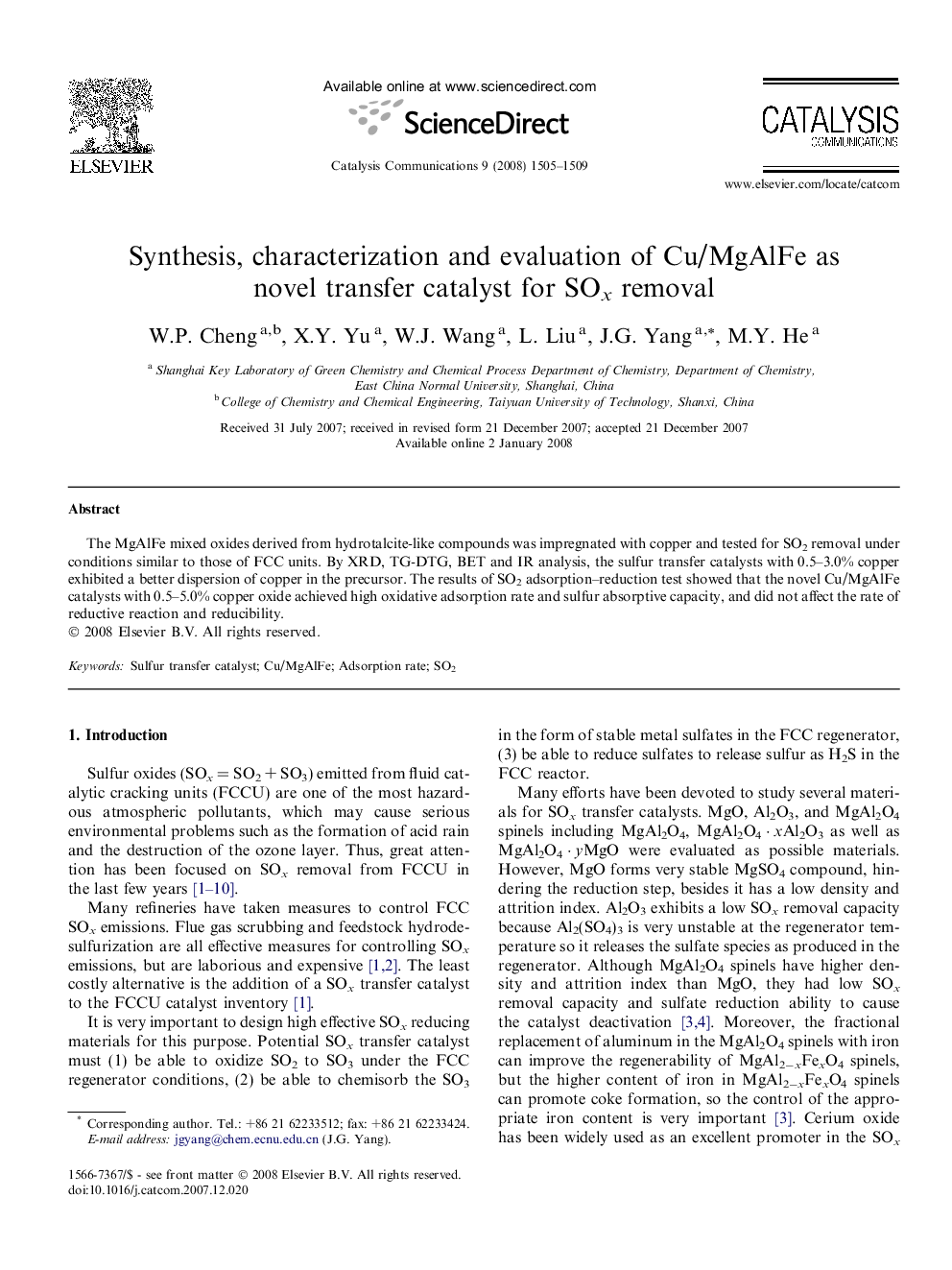 Synthesis, characterization and evaluation of Cu/MgAlFe as novel transfer catalyst for SOx removal