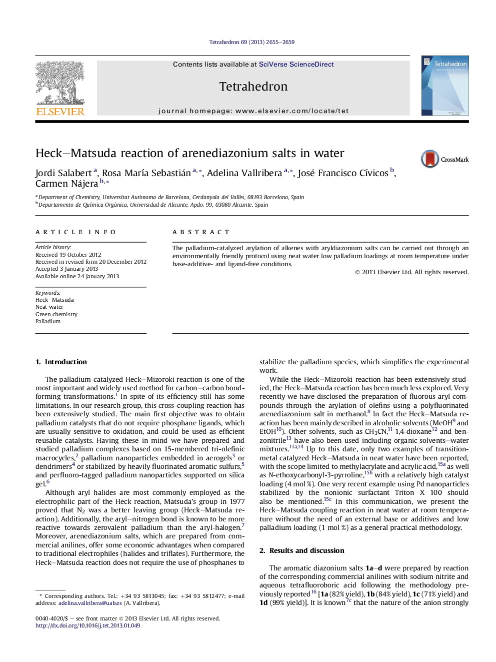 Heck-Matsuda reaction of arenediazonium salts in water