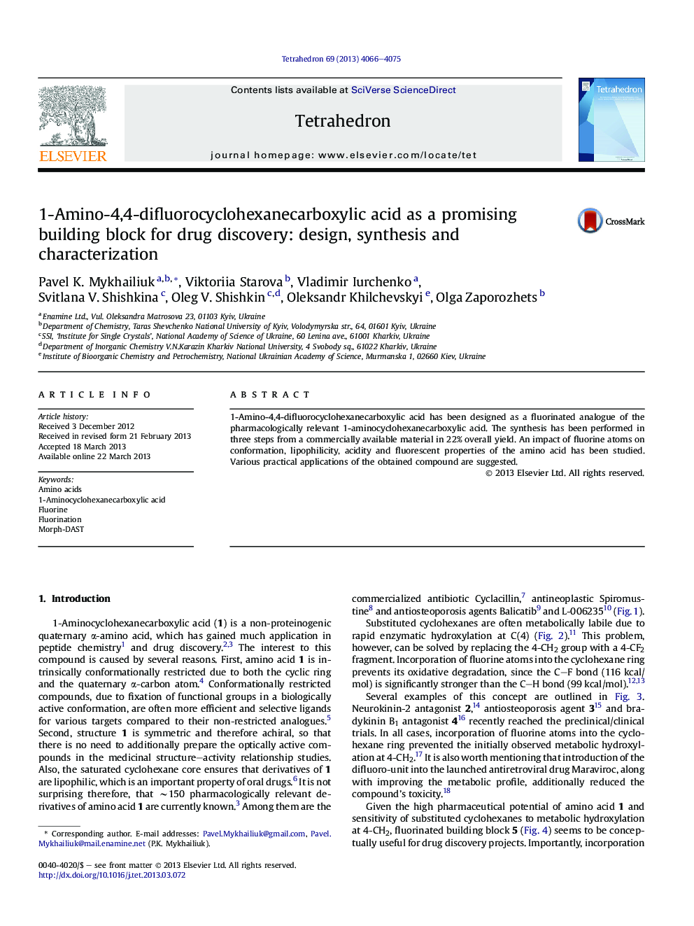 1-Amino-4,4-difluorocyclohexanecarboxylic acid as a promising building block for drug discovery: design, synthesis and characterization