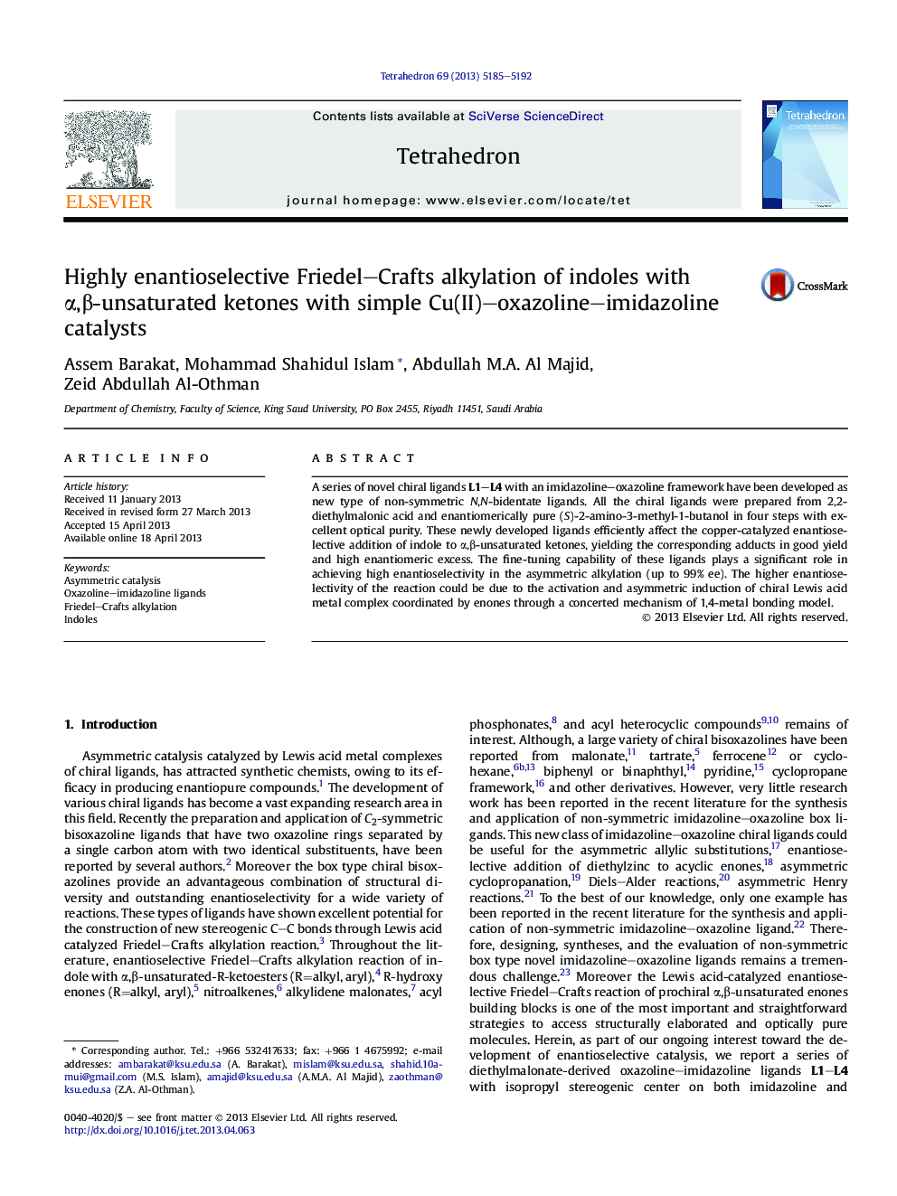 Highly enantioselective Friedel-Crafts alkylation of indoles with Î±,Î²-unsaturated ketones with simple Cu(II)-oxazoline-imidazoline catalysts