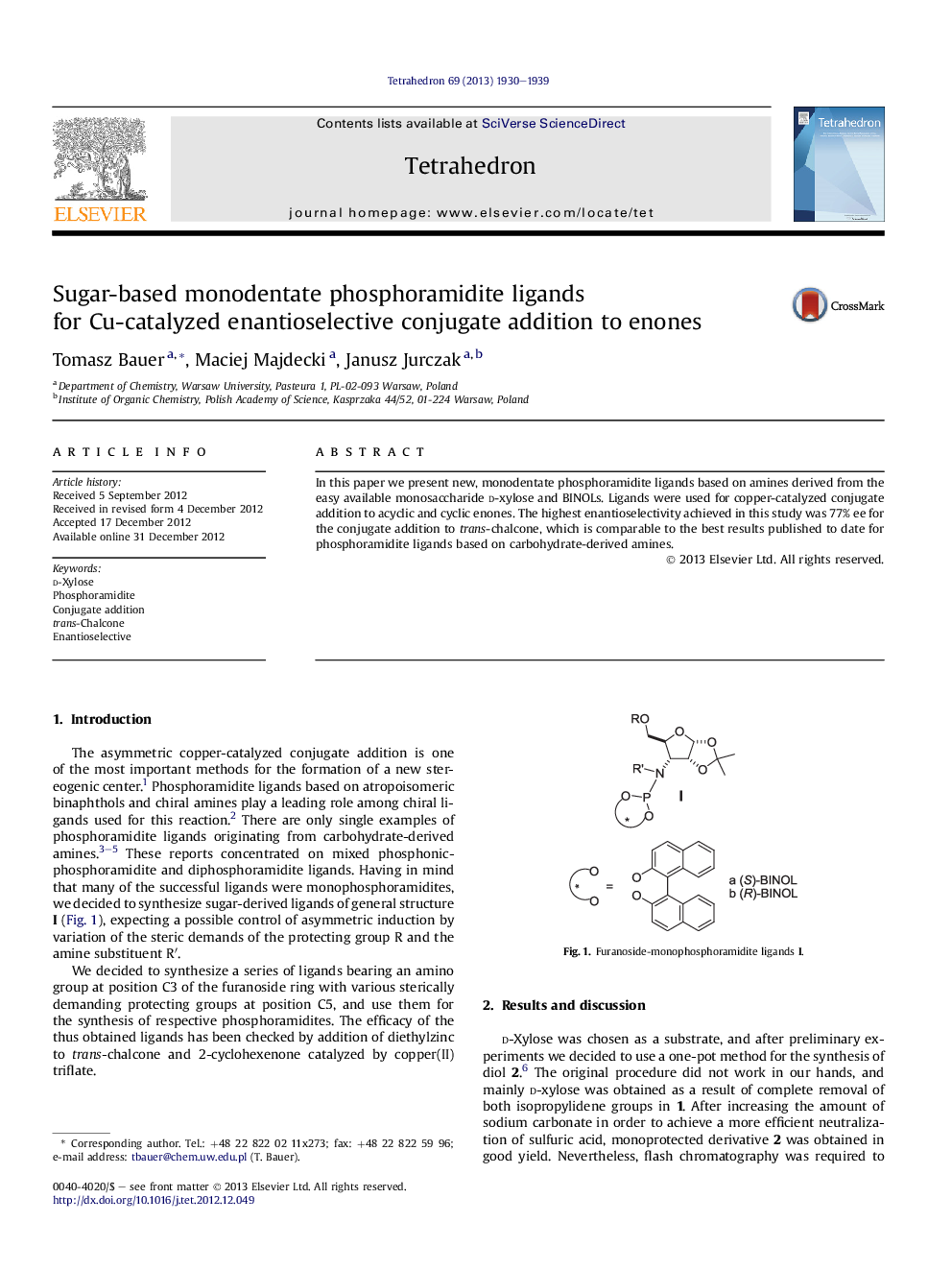Sugar-based monodentate phosphoramidite ligands for Cu-catalyzed enantioselective conjugate addition to enones