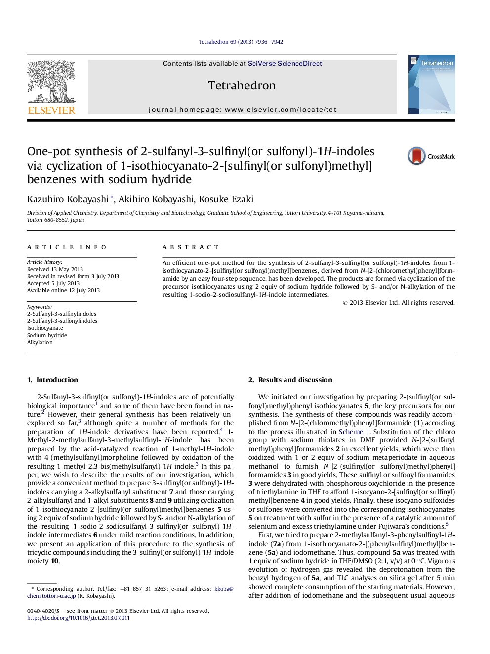 One-pot synthesis of 2-sulfanyl-3-sulfinyl(or sulfonyl)-1H-indoles via cyclization of 1-isothiocyanato-2-[sulfinyl(or sulfonyl)methyl]benzenes with sodium hydride