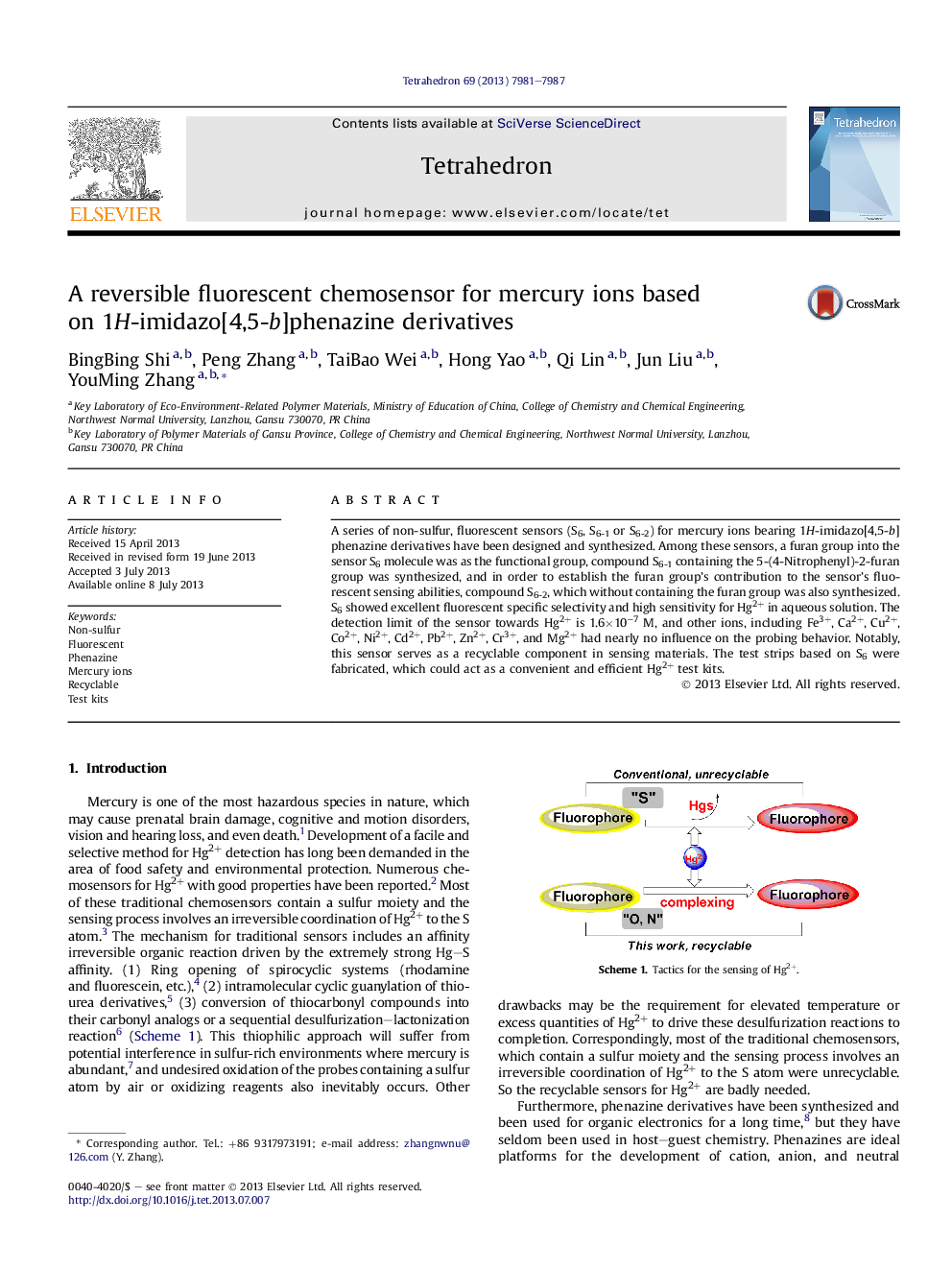 A reversible fluorescent chemosensor for mercury ions based onÂ 1H-imidazo[4,5-b]phenazine derivatives