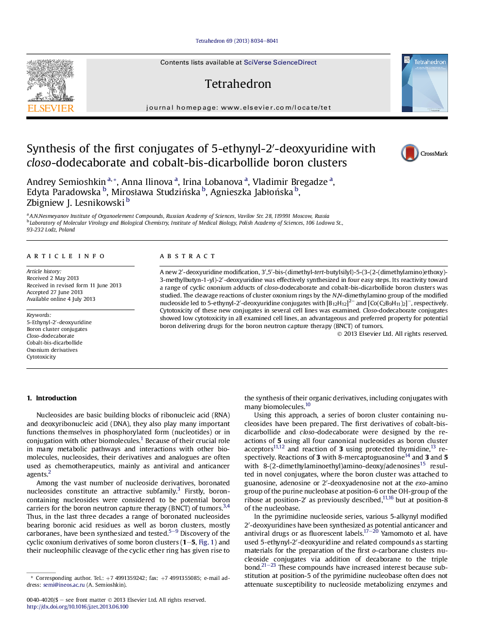 Synthesis of the first conjugates of 5-ethynyl-2′-deoxyuridine with closo-dodecaborate and cobalt-bis-dicarbollide boron clusters