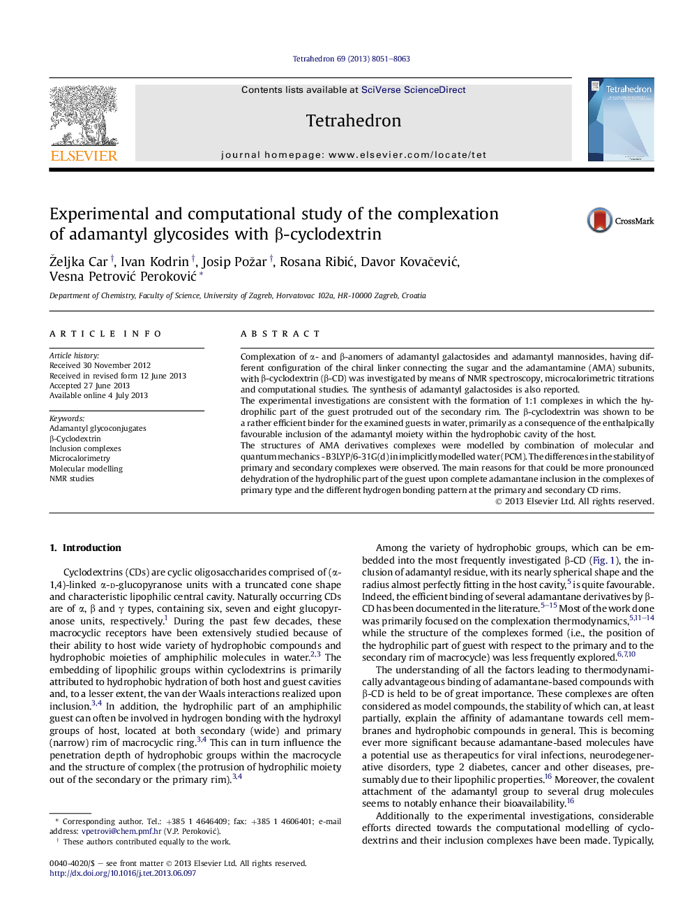 Experimental and computational study of the complexation ofÂ adamantyl glycosides with Î²-cyclodextrin