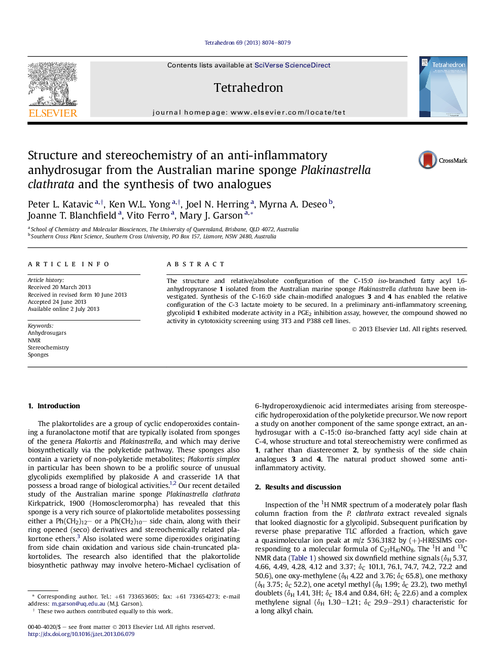 Structure and stereochemistry of an anti-inflammatory anhydrosugar from the Australian marine sponge Plakinastrella clathrata and the synthesis of two analogues