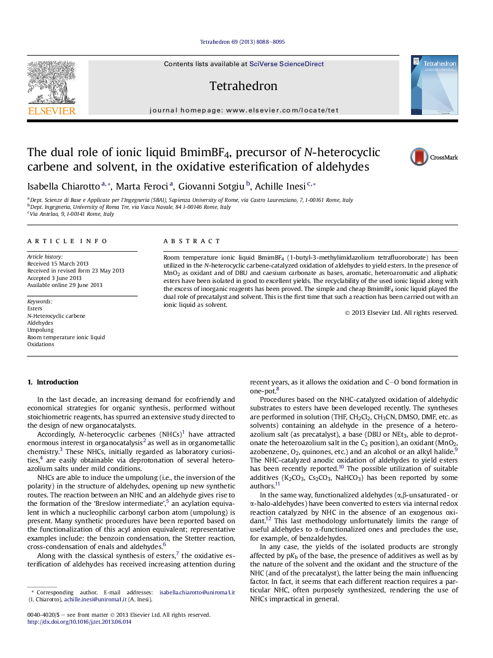 The dual role of ionic liquid BmimBF4, precursor of N-heterocyclic carbene and solvent, in the oxidative esterification of aldehydes