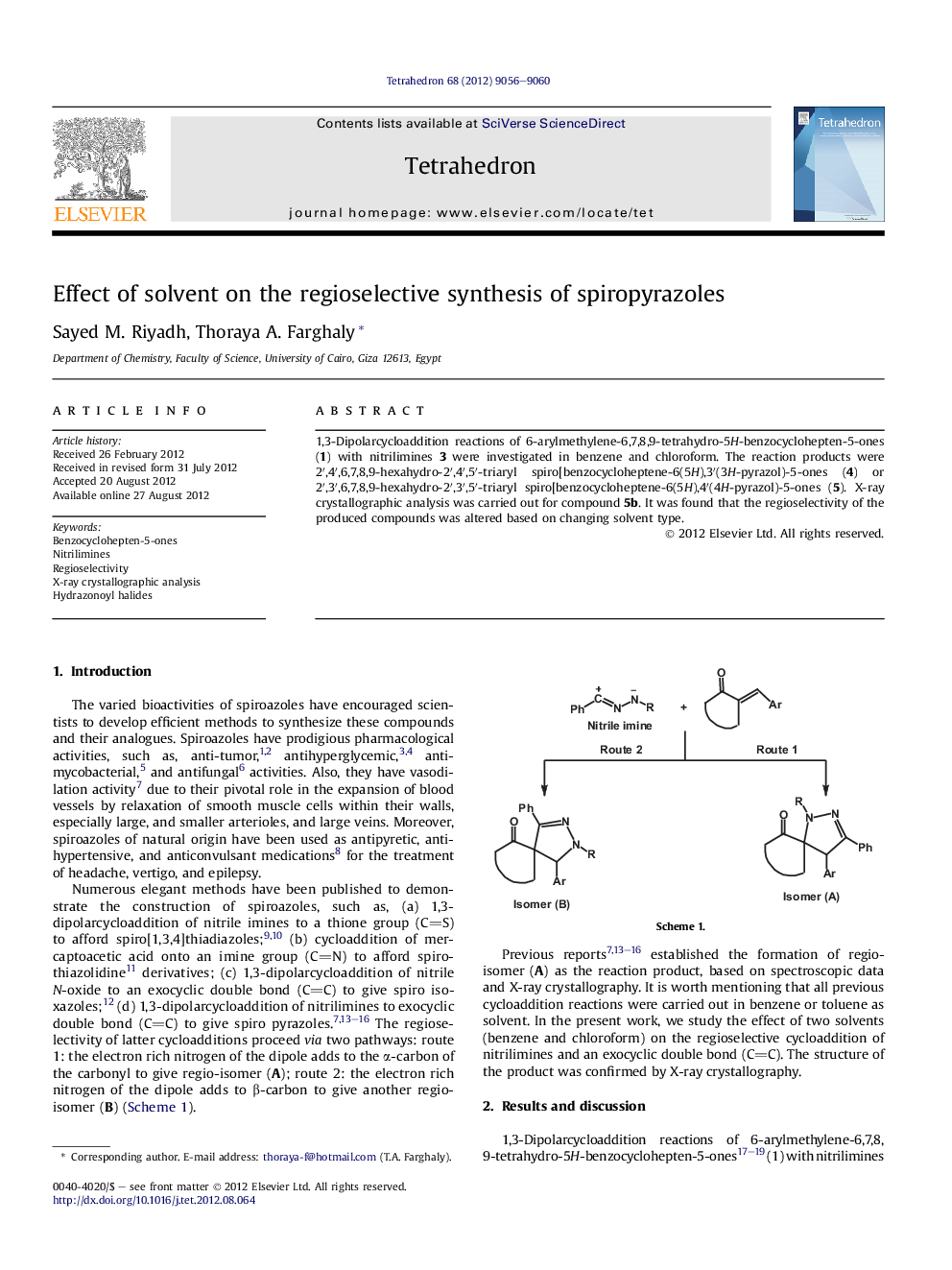 Effect of solvent on the regioselective synthesis of spiropyrazoles