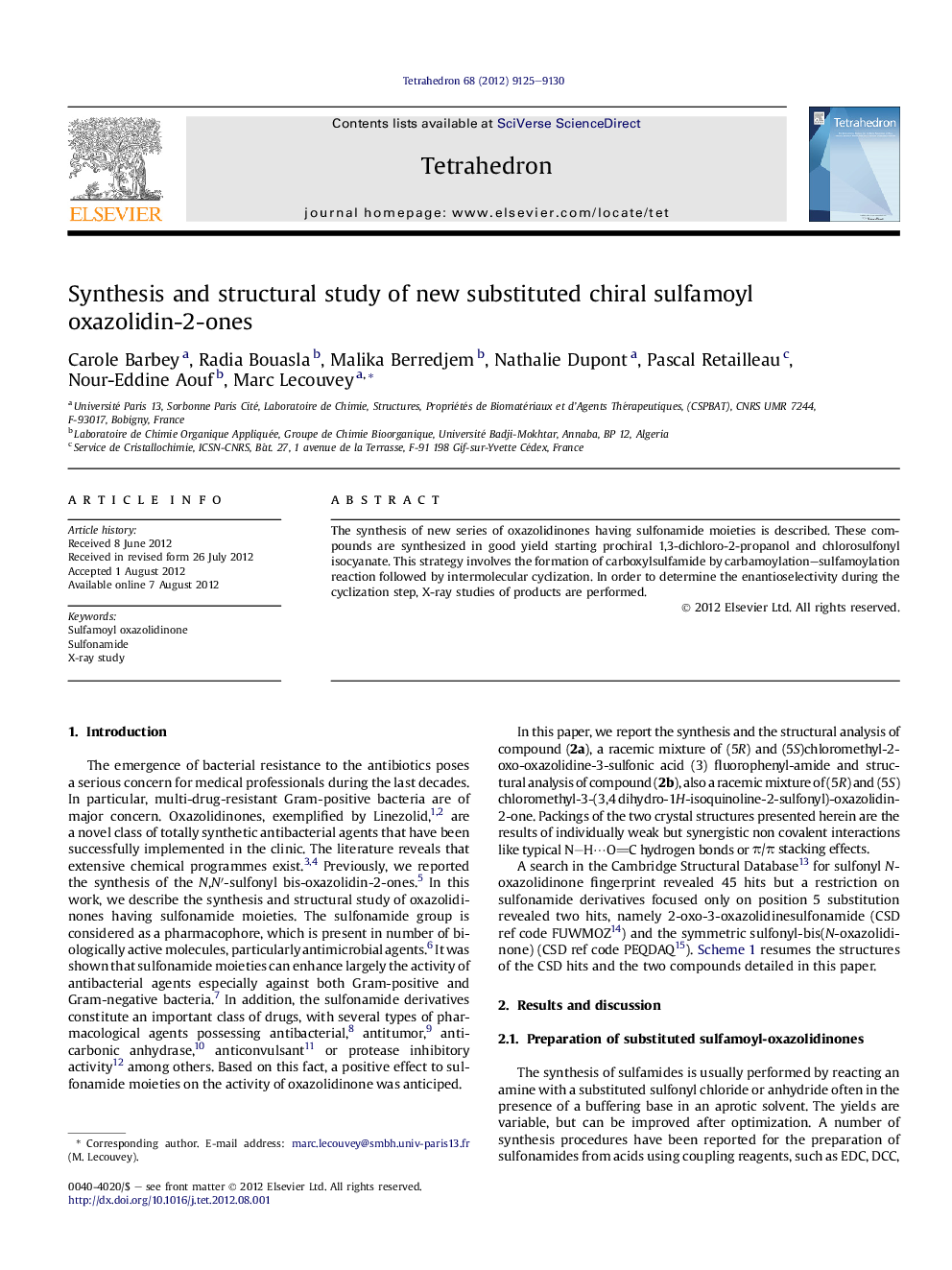 Synthesis and structural study of new substituted chiral sulfamoyl oxazolidin-2-ones