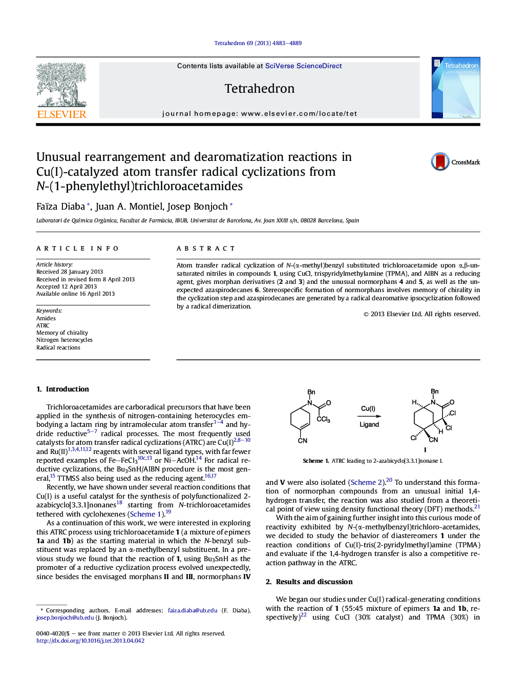 Unusual rearrangement and dearomatization reactions in Cu(I)-catalyzed atom transfer radical cyclizations from N-(1-phenylethyl)trichloroacetamides