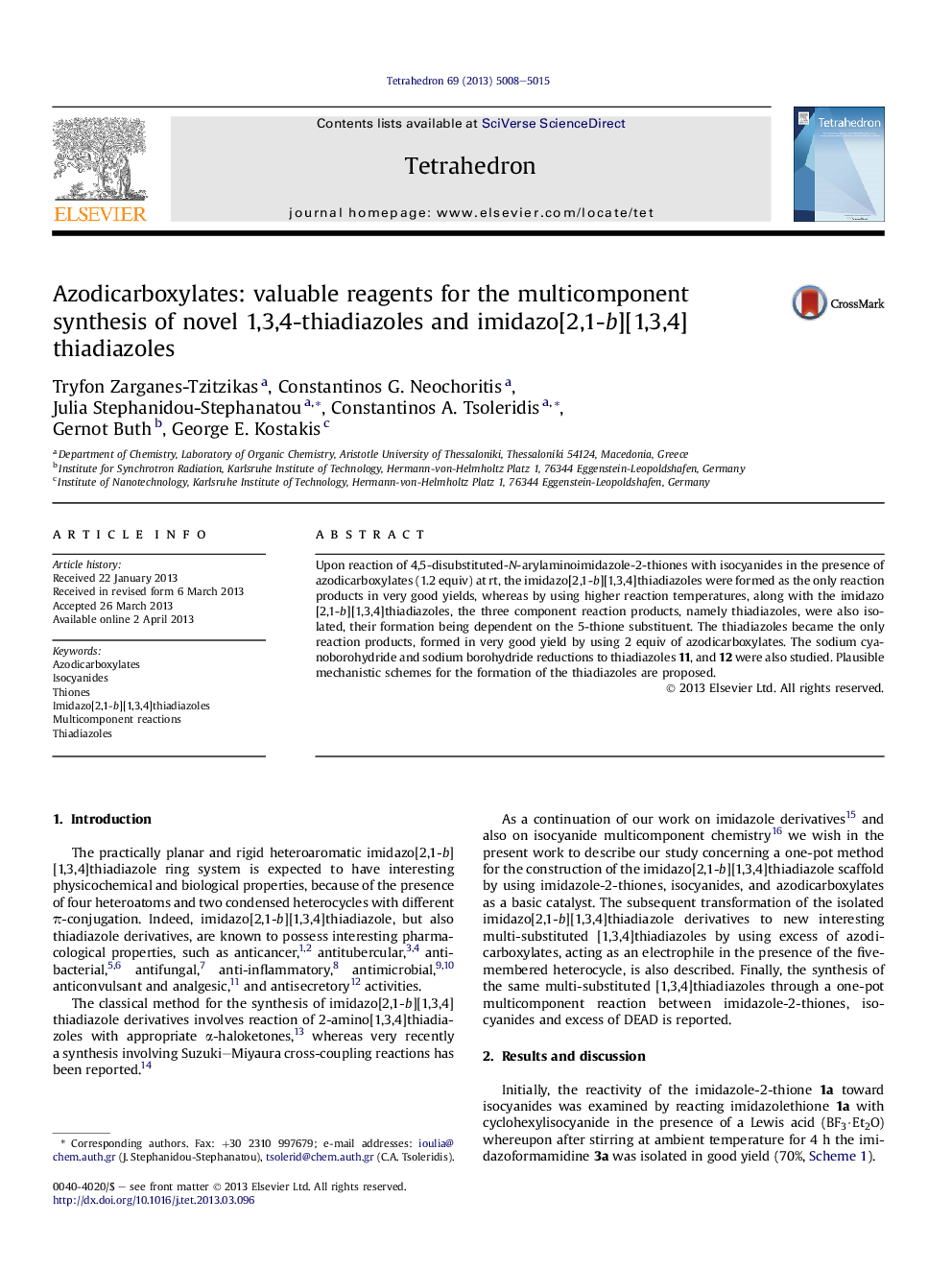 Azodicarboxylates: valuable reagents for the multicomponent synthesis of novel 1,3,4-thiadiazoles and imidazo[2,1-b][1,3,4]thiadiazoles