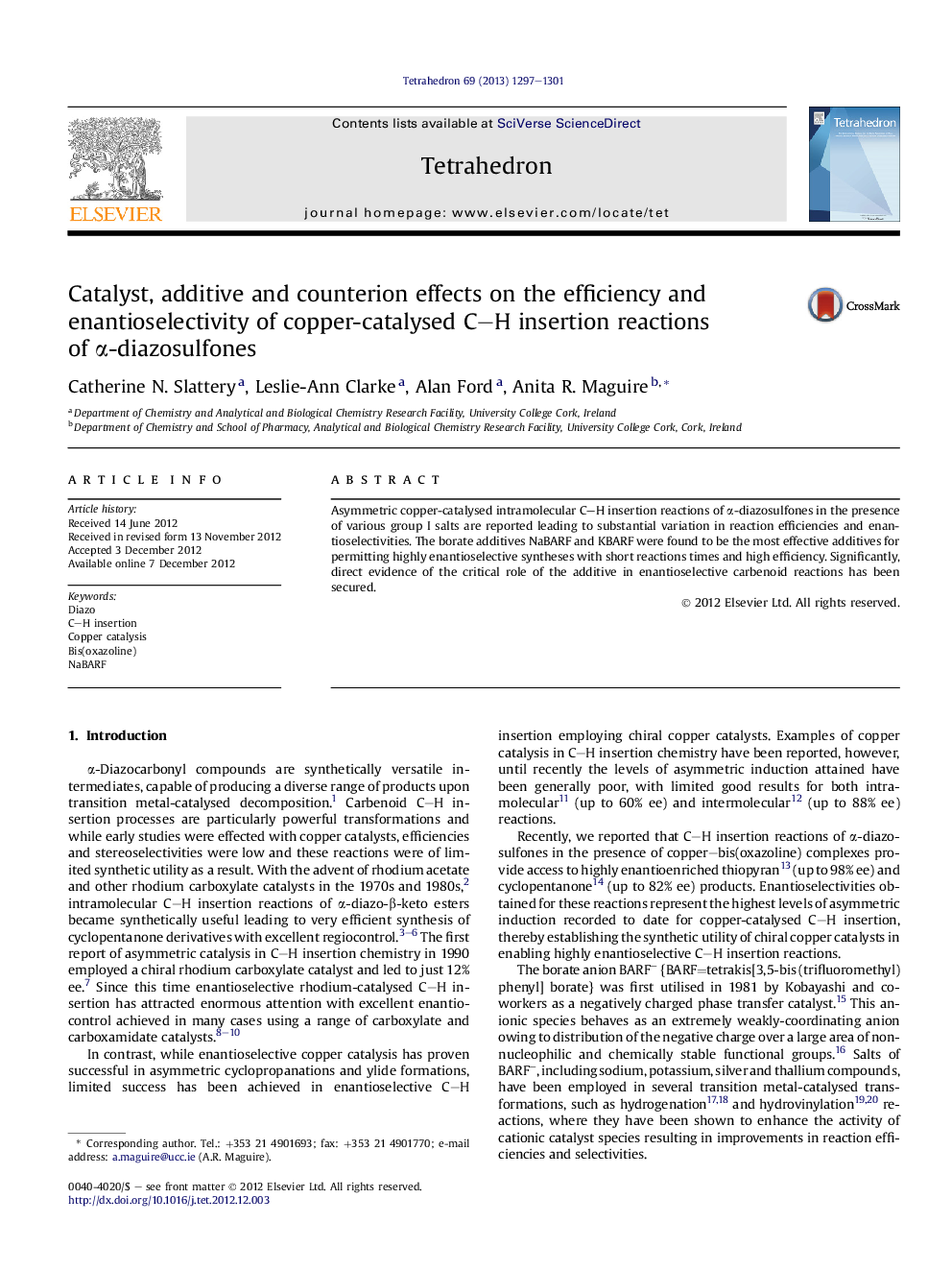 Catalyst, additive and counterion effects on the efficiency and enantioselectivity of copper-catalysed C-H insertion reactions of Î±-diazosulfones