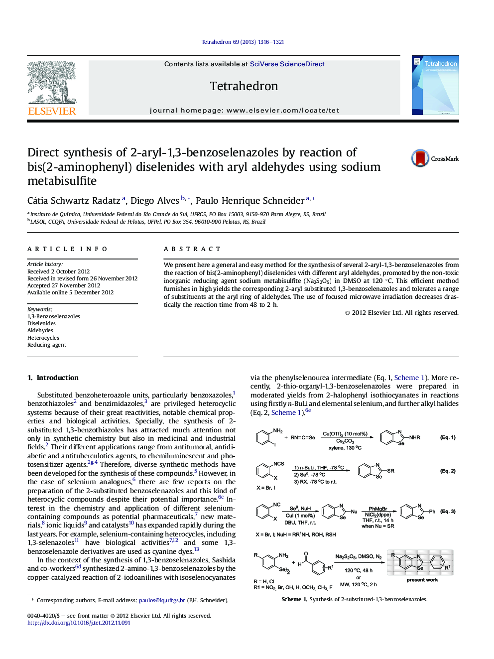 Direct synthesis of 2-aryl-1,3-benzoselenazoles by reaction of bis(2-aminophenyl) diselenides with aryl aldehydes using sodium metabisulfite