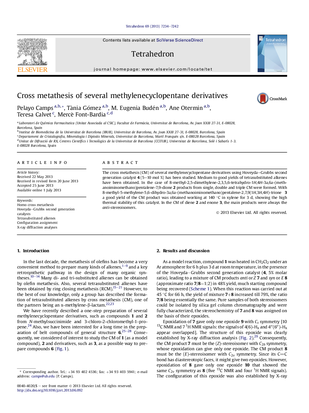 Cross metathesis of several methylenecyclopentane derivatives