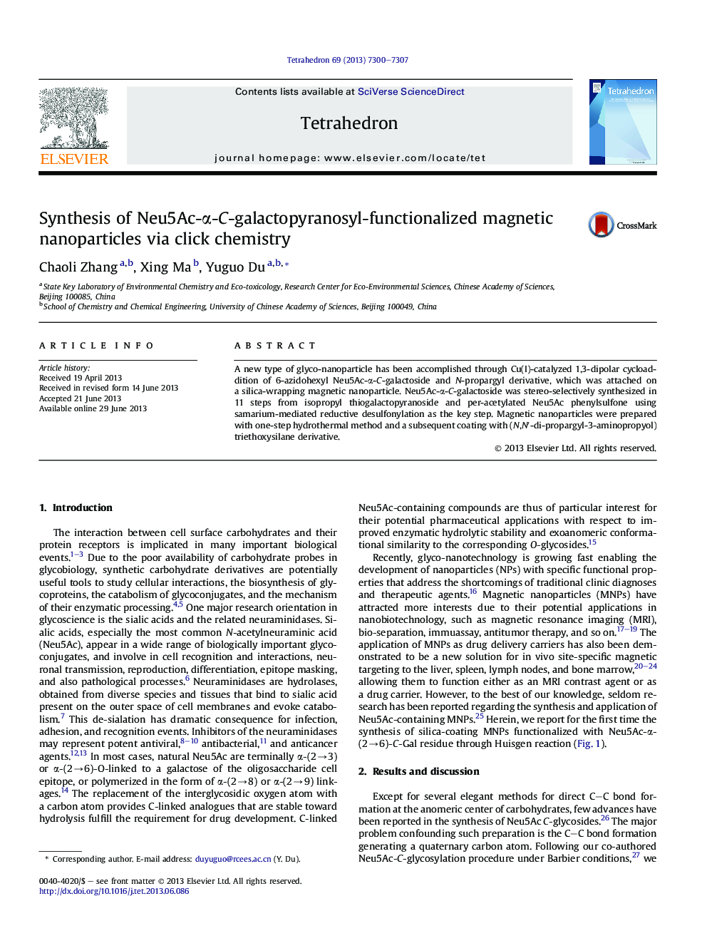 Synthesis of Neu5Ac-Î±-C-galactopyranosyl-functionalized magnetic nanoparticles via click chemistry