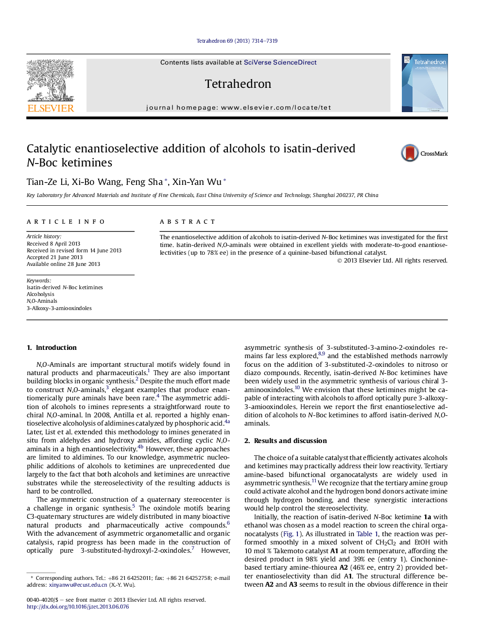 Catalytic enantioselective addition of alcohols to isatin-derived N-Boc ketimines