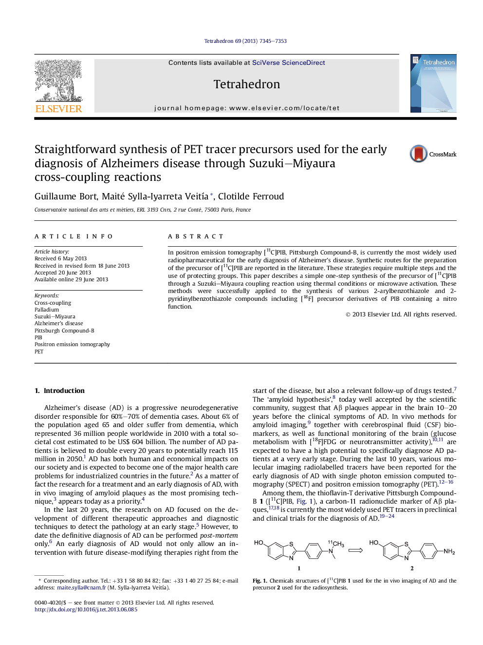 Straightforward synthesis of PET tracer precursors used for the early diagnosis of Alzheimers disease through Suzuki–Miyaura cross-coupling reactions